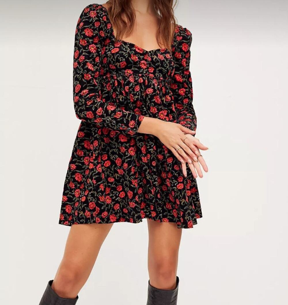 Free People Large Bessie Corduroy Mini Dress Floral Puff Sleeves Sweatheart Neck